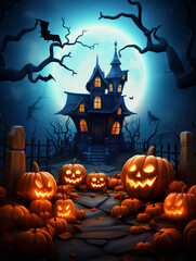 Halloween haunted house with scary pumpkins on the house entrance - ai generative