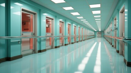 Obraz premium A long hallway with blue walls and white floors. Fictional image.