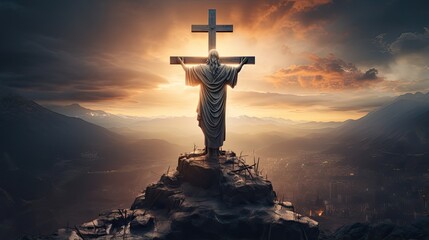 Krzyż Chrystusa na szczycie góry. Promienie słońca padają z nieba na krzyż Jezusa.  - obrazy, fototapety, plakaty