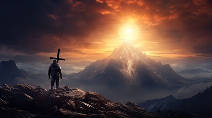 Krzyż Chrystusa na szczycie góry. Promienie słońca padają z nieba na krzyż Jezusa.  - obrazy, fototapety, plakaty