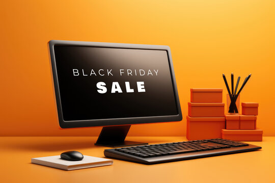 A computer monitor sitting on top of a desk. Imaginary illustration. Black Friday sale campaign.