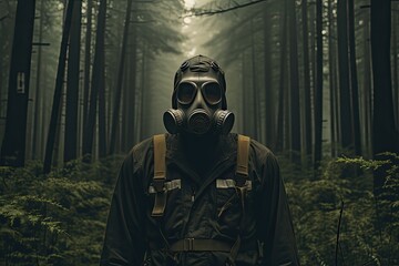 Mężczyzna w kombinezonie ochronnym i masce przeciwgazowej w starym lesie.   - obrazy, fototapety, plakaty