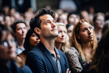Obraz premium Engaged conference attendees attentively listening to captivating speaker,