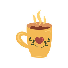 Cup with tea or coffee. Different ornaments. Flowers, berries, etc Cozy vector illustration. Cartoon style. Flat design. Autumn or winter drink