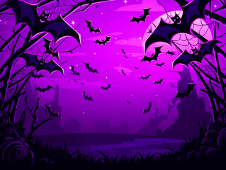 Halloween theme purple background with bats and spider webs - ai generative