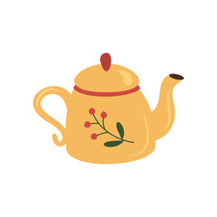 Vintage tea kettle and cozy teapot, herbs. Rustic teapot with autumn herbal drink, teacup, leaves. Colored flat vector illustration isolated on white background