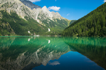 Panoramic view of the Antholzer See (Italian: Lago di Anterselva) a little lake in South Tyrol, Italy