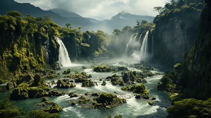Low Angle View of a Natural River Floating Through Rainforest Cloudy Sky and Mountains Waterfalls