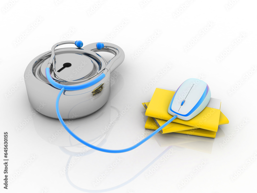 Poster 3d rendering yellow folder protection lock with stethoscope connected mouse . data security concept