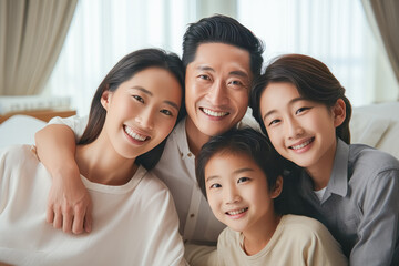 Fototapeta premium family, mother, father, bed, daughter, home, love, bedroom, happiness, lifestyle. close up to happy family and childhood on bedroom at home. everyone put on pajama each style. everyone smile be honest