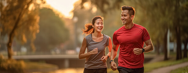 active, caucasian, couple, man, cheerful, jogging, male, outdoors, together, woman. cheerful couple running outdoors when sunset at park or stadium. activity outdoors for healthy and heart rate.