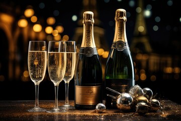 celebration, christmas, bubble, drink, gold, luxury, wine, alcohol, champagne, event. anniversary party is coming to celebrate. luxury wine and champagne put on night dinner, like in paris.