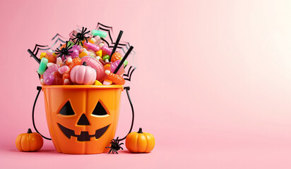 Orange pumpkin pail with Halloween candy isolated on pink background. Horizontal panoramic banner template with copy space. Halloween party concept