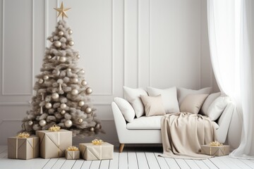 christmas, decoration, design, gift, sofa, festive, light, merry, xmas, christmas decoration. christmas party is coming to celebrate. luxury decoration, pine tree and gift box put at corner room.