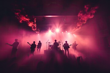 celebration, concert, party, stage, club, event, night, festival, nightclub, show. in night club at stage has band is now show it. above there light and smoke follow member of band, concert festival. - obrazy, fototapety, plakaty