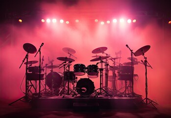 celebration, concert, party, stage, club, event, night, festival, nightclub, show. in night club at stage has drum set is now stand it. above there light and smoke follow to music tools, for concert.