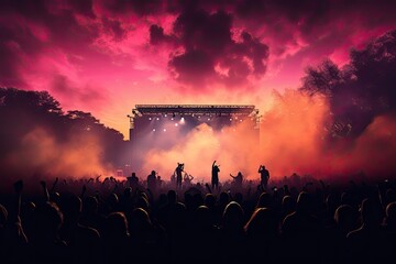 celebration, concert, party, stage, club, event, night, festival, nightclub, show. night club on the stage has smoke and fire, now for concert festival. party attendees everyone put your hands up. - obrazy, fototapety, plakaty