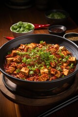 Fototapeta premium A bowl of tofu and vegetables on a wooden table. Fictional image. Sichuan Mapo tofu dish.