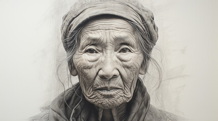 A close-up pencil portrait of an elderly woman, capturing the wisdom and wrinkles etched by time
