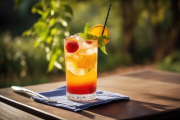 summer cocktail with lemon and mint on a wooden table in the garden