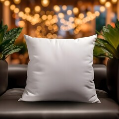 Blank white square Pillow Mockup, living room Background, Product photography, monstera and palm leaves plants, minimalistic, bokeh, sofa