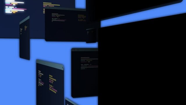 stylized programming windows desktop showing and then disapear in darkness. Modern technology animation