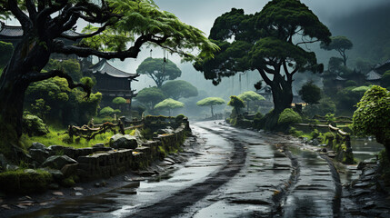 The Beautiful Chinese Wet Road and Green Trees in the Rain Landscapes