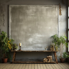 Empty gray board on gray background with plants