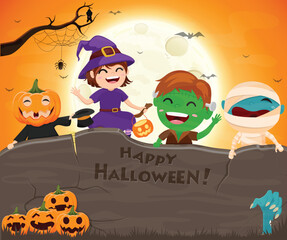 Halloween Kids Costume cartoon, isolated with moonlight background