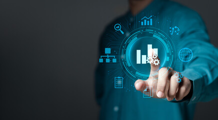 Business management concept. Businessman analyzing business growth graph data chart. Strategic planning and analysis of financial and investment data business.