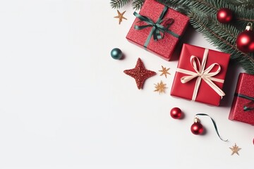 christmas composition. Gifts, fir tree branches, red decorations on white background. Christmas, winter, new year concept. Flat lay, top view, copy space. generative ai.