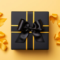 Black gift box with bow on yellow background. Flat lay. Copy space. Made with generative ai