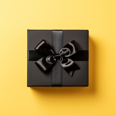 Black gift box with bow on yellow background. Flat lay. Copy space. Made with generative ai
