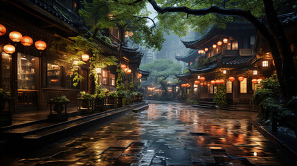 Fototapeta na wymiar Traditional Chinese Shops and Soaked Path With Rain in Small Village