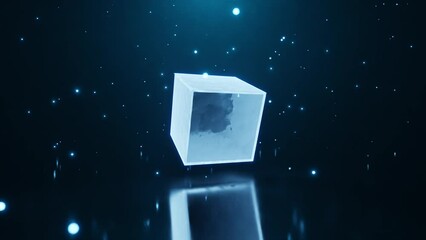 seamless loop ice cube rotation against the background of snowflakes. Blue ice cube with reflection in the floor