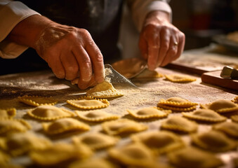 Chef making fresh vegetarian ravioli pasta on kitchen table with flour.Macro.AI Generative