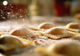 Raw ravioli pasta on table with flour.Macro.AI Generative