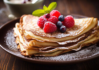 Plate with crepe pancakes with raspberry and blueberry on wooden table.Macro.AI Generative