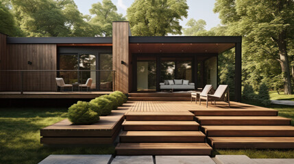 Obraz premium brown wooden stairs to wall of the house.