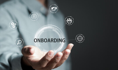 Onboarding business process concept. Businessman working structural business onboarding on virtual interface screen.