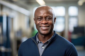 Fototapeta premium Middle aged black man smiling, close up indoor portrait