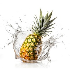 Pineapple with water splash on white background