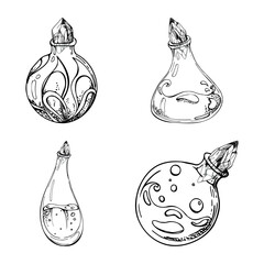 Hand drawn ink vector glass jar vial bottle with crystal. Sketch illustration art witchcraft, medicine, chemistry, alchemy. Isolated object, outline. Design shops, logo, print, website, card, booklet