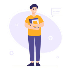 Smart student prepares for an exam. Young smiling man holds textbooks in his hands. Vector illustration