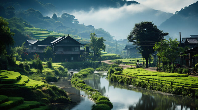 River Floating Through Chinese Ancient Village Foggy Mountains