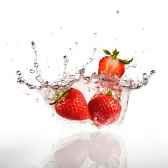 Strawberrys falling into water splash on white background