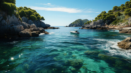 Aerial View of Beautiful Green and Dark Blue Crystal Clear Water Lake