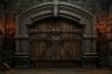 Fototapeta na wymiar Old scary door dungeon on stone wall. Generate Ai