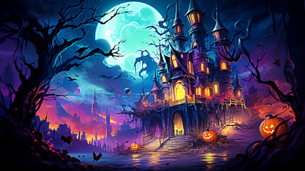 Halloween background with haunted castle, bats and pumpkins - illustration. selective focus. 
