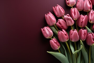 Obraz premium tulips on purple background, copy space